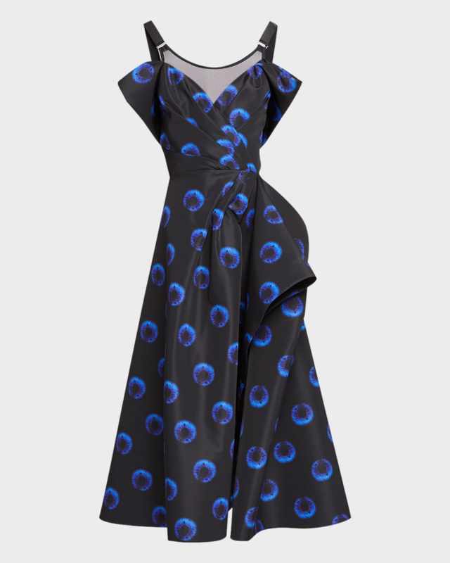 Eye-Print Draped Illusion Midi Day Dress